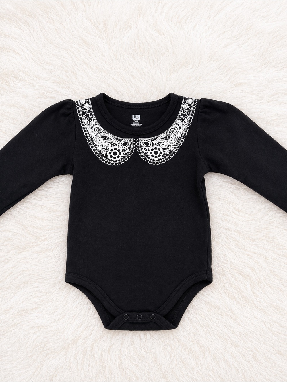 HB Black Long-Sleeve Baby Bodysuit with White Lace Collar
